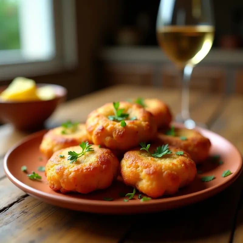 Buñuelos de bacalao dorados y crujientes servidos en un plato de barro rústico, con perejil fresco picado por encima, aperitivo andaluz tradicional.