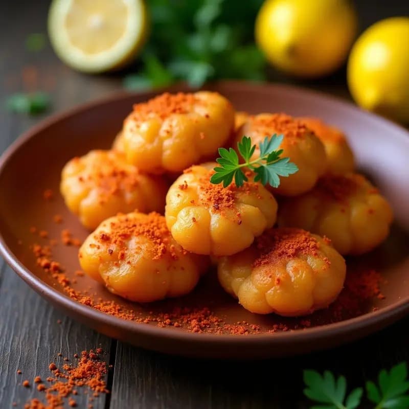 Buñuelos de bacalao dorados y crujientes con pimentón de la Vera, servidos en un plato de cerámica blanca con salsa de yogur al lado. Receta tradicional española hecha en airfryer.