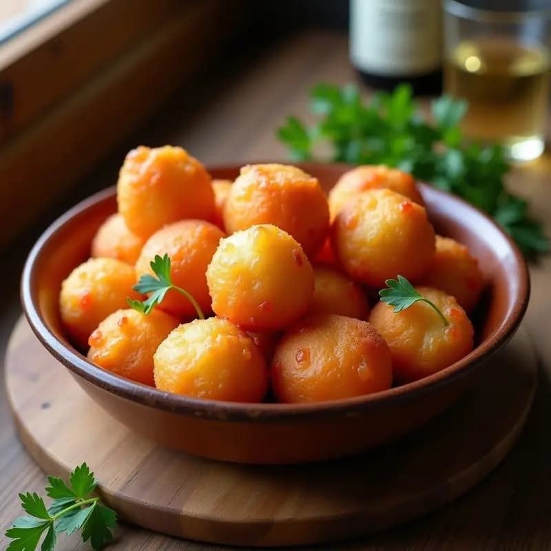 Plato de buñuelos de bacalao y pimiento choricero dorados y crujientes, servidos en un cuenco de barro sobre fondo rústico, aperitivo tradicional vasco.