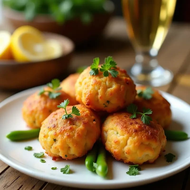 Buñuelos de bacalao con pimientos verdes dorados y crujientes, servidos en un plato blanco con perejil fresco, típica tapa andaluza tradicional.