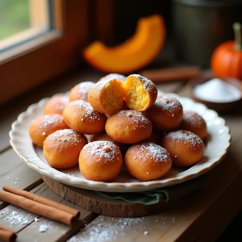 Buñuelos de calabaza y canela dorados y esponjosos en una fuente de cerámica blanca, espolvoreados con azúcar glas, con un fondo de canela en polvo y rodajas de calabaza cruda. Receta navideña en airfryer.