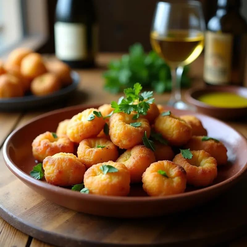 Buñuelos de chacoli con bacalao y perejil fritos hasta dorarse, servidos en plato rústico de barro con perejil fresco espolvoreado, típico aperitivo vasco crujiente.
