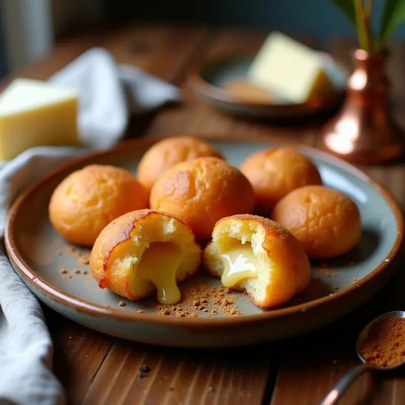 Buñuelos colombianos dorados y crujientes rellenos de arequipe, servidos en un plato rústico de barro con un fondo de canela espolvoreada y un trozo de queso fresco al lado.