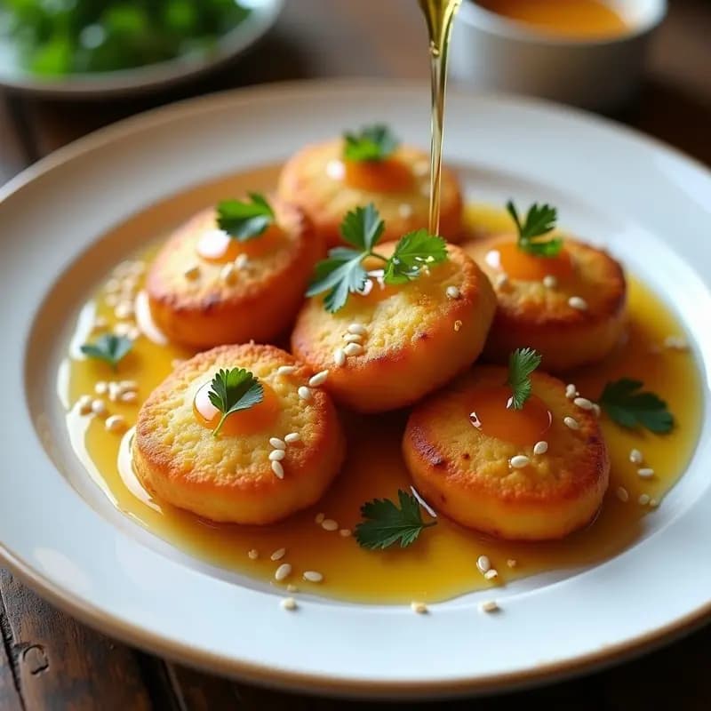 Buñuelos dorados de queso halloumi rebozados en almendra y coco, con semillas de sésamo y un hilo de miel de tomillo, servidos en un plato blanco sobre fondo rústico. Receta de aperitivo griego en airfryer sin gluten.