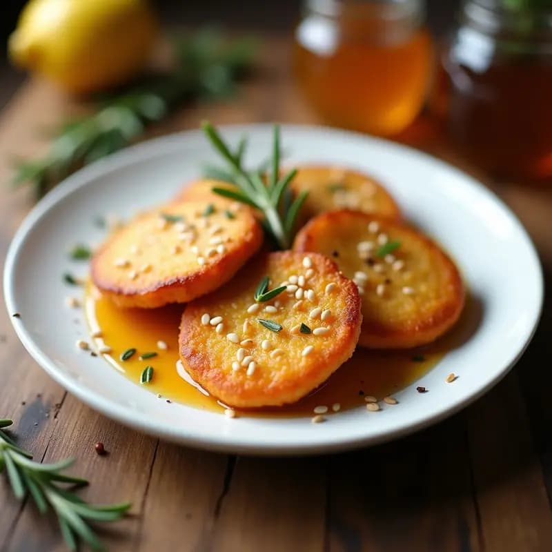 Buñuelos dorados y crujientes de queso halloumi con glaseado brillante de miel de tomillo, espolvoreados con semillas de sésamo y romero fresco, servidos en un plato de cerámica blanca sobre fondo rústico de madera.
