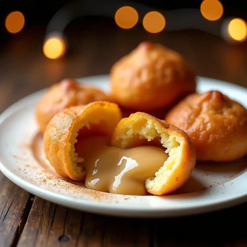 Buñuelos de viento dorados y esponjosos rellenos de dulce de leche sin azúcar, postre colombiano keto, servidos en plato rústico con canela espolvoreada y fondo borroso de cocina tradicional.