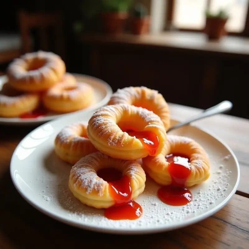Buñuelos de viento de maza venezolanos dorados y esponjosos, rellenos de mermelada de guayaba brillante, servidos en un plato de cerámica blanca con azúcar glass espolvoreada.