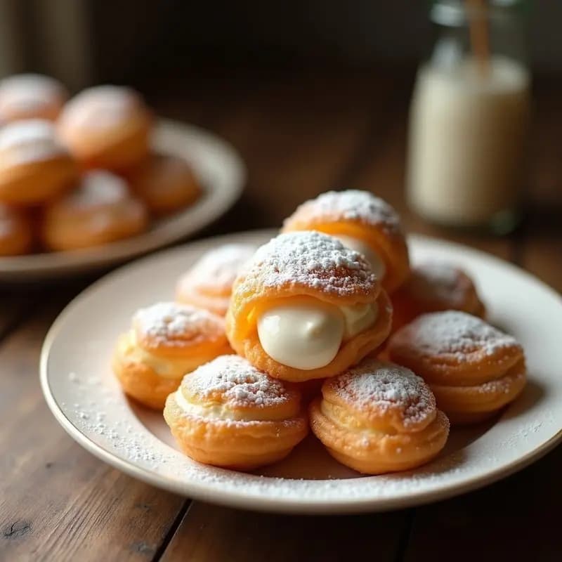 Buñuelos de viento dorados y crujientes rellenos de nata montada, espolvoreados con azúcar glass, servidos en un plato blanco sobre fondo rústico. Postre tradicional de feria español.