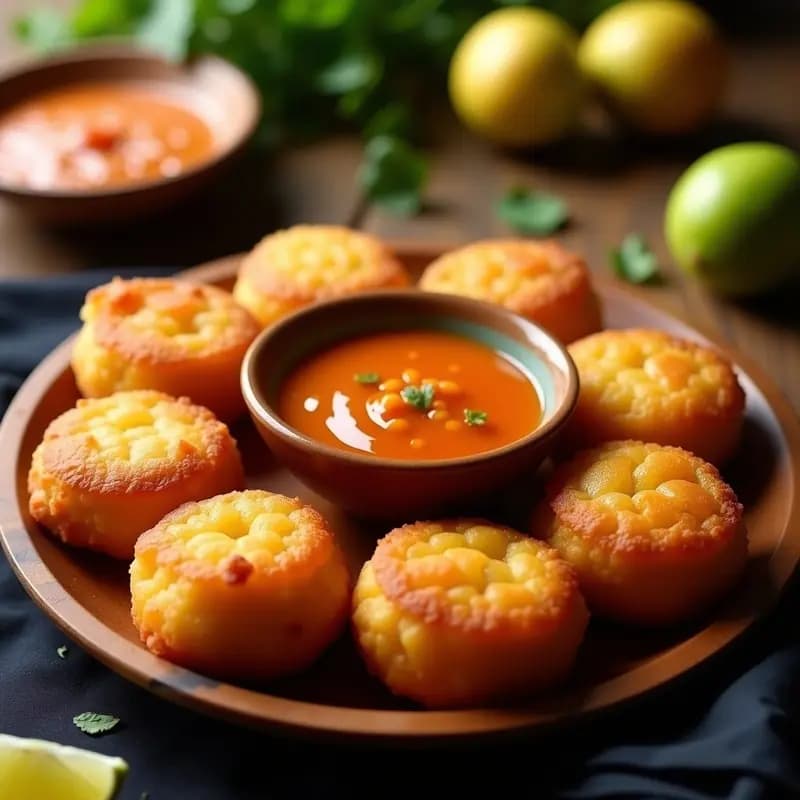 Buñuelos de yuca y queso dorados y crujientes servidos en un plato de madera con salsa de guayaba espesa en un cuenco pequeño al lado. Receta venezolana en airfryer sin fritura.