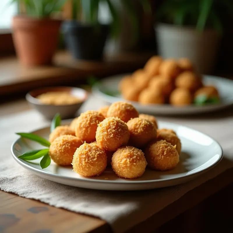 Plato blanco con bolitas doradas de Bunut Kelapa indonesio, crujientes por fuera y con relleno de coco dulce, espolvoreadas con semillas de sésamo sobre fondo rústico.