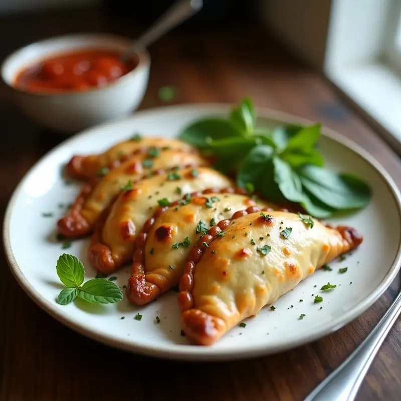 Buratov de espinacas y queso feta, empanadas rusas doradas con semillas de sésamo, rellenas de espinacas y queso feta, servidas en una bandeja de madera rústica con hierbas frescas.