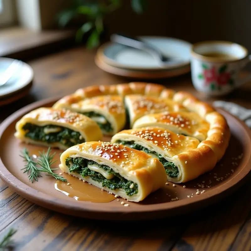 Burek de espinacas y feta en masa filo dorado y crujiente sobre bandeja de horno, con capas visibles y semillas de sésamo. Receta balcánica tradicional.