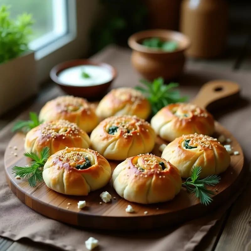 Burek de espinacas y queso feta en hap pan dorado y crujiente, servido en bandeja de madera con semillas de sésamo y hojas de hinojo fresco. Receta balcánica tradicional reinventada.