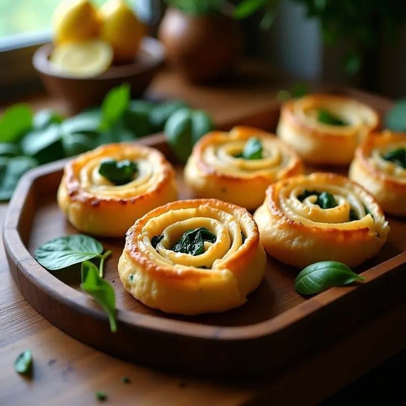 Burek vegano de espinacas y tofu en masa filo sin lactosa, dorado y crujiente, servido en bandeja de madera con hojas de espinaca fresca y rodajas de limón como decoración.