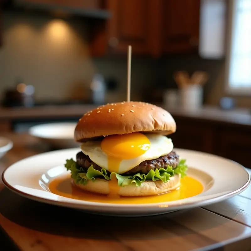 Burger de desayuno abierto mostrando huevo frito con yema líquida, beicon crujiente, queso cheddar derretido y pan de brioche dorado bañado en sirope de arce. Combinación dulce y salada en un plato negro con fondo rústico.