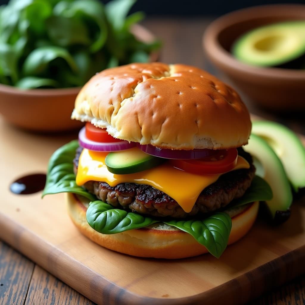Burger gourmet vegano con hongo portobello asado, queso vegano derretido, aguacate cremoso, tomate, cebolla morada y espinacas, servido en pan de centeno tostado sobre tabla de madera oscura.