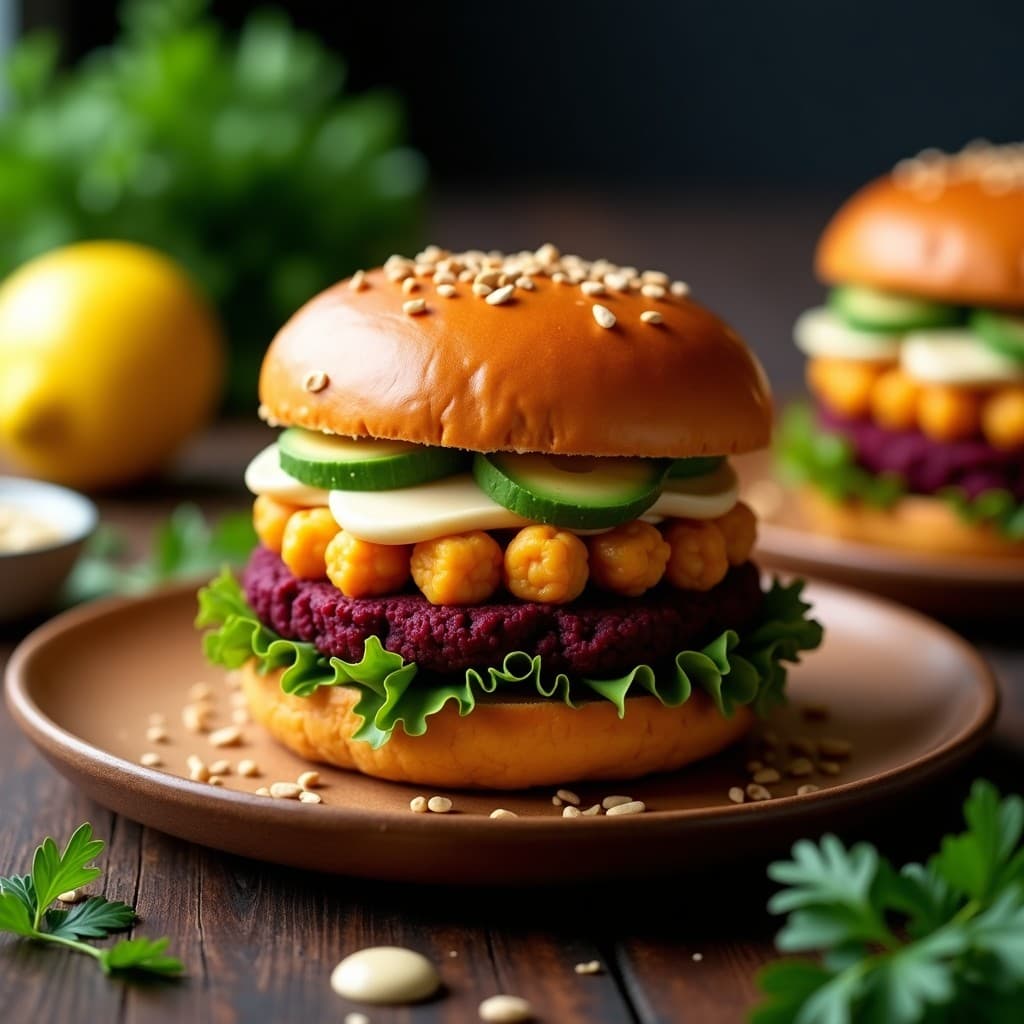 Burgers veganos de garbanzo y remolacha con pan de batata dorado, apilados con aguacate y lechuga morada, servidos en un plato rústico con fondo de madera. Receta alta en fibra hecha en airfryer.