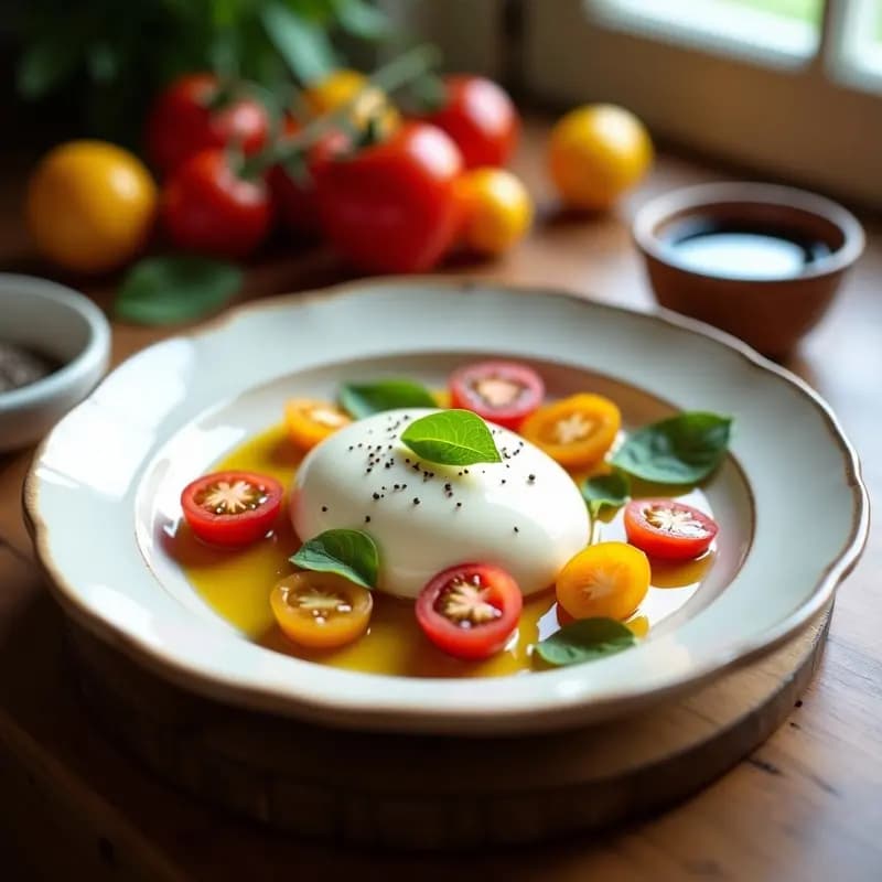 Plato blanco rústico con burrata vegana de anacardos cremosa en el centro, rodeada de tomates cherry rojos y amarillos cortados por la mitad, hojas de albahaca fresca y un hilo de aceite de oliva virgen extra. Receta de entrante italiano vegano.