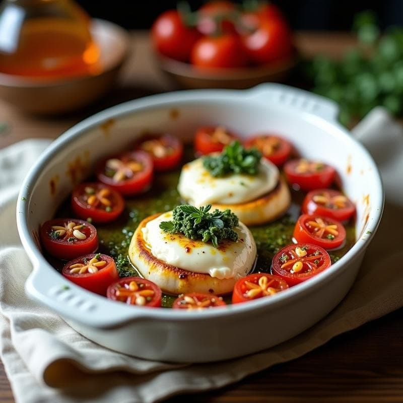 Burrata al horno dorada y cremosa sobre una bandeja de horno con tomates cherry asados y pesto de tomillo verde, receta italiana fácil en 20 minutos.