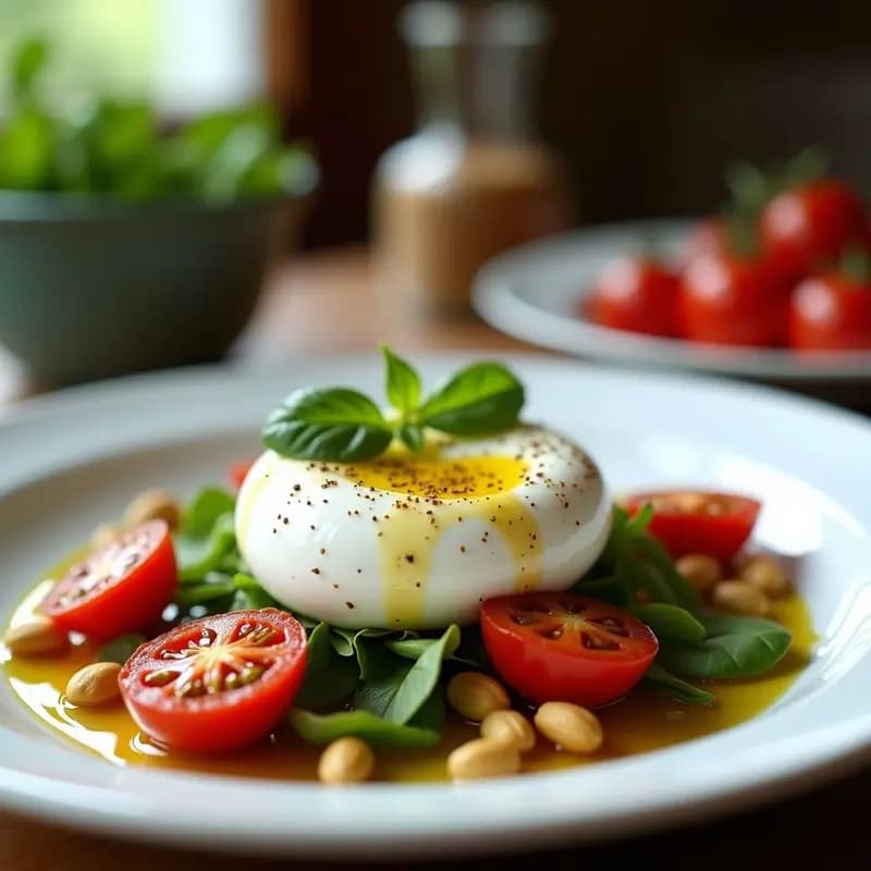 Plato blanco elegante con burrata abierta sobre una cama de rúcula baby, rodeada de tomates cherry asados dorados, piñones tostados y hojas de albahaca fresca. Acabado con un hilo de aceite de trufa negra y sal en escamas, aperitivo italiano gourmet sin gluten.