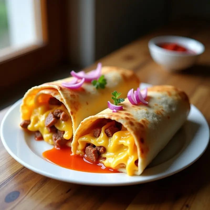 Burrito de desayuno recién hecho, cortado por la mitad, mostrando en su interior chorizo dorado, huevo revuelto jugoso y queso fundido tirando hebras, servido en plato blanco con salsa brava por encima y cebolla morada picada.