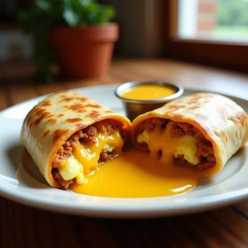 Burrito de desayuno abierto por la mitad mostrando su relleno de huevo revuelto con chorizo, queso cheddar fundido y salsa de queso nacho derretida, servido en un plato blanco con más salsa para mojar.