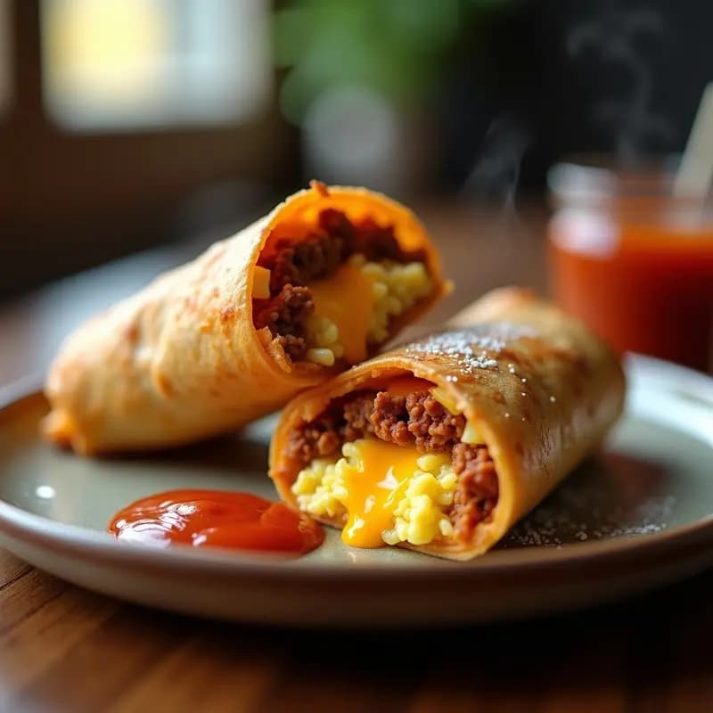 Burrito de desayuno Tex-Mex abierto, relleno de chorizo frito dorado, huevo revuelto cremoso y queso cheddar fundido, servido en plato rústico con salsa picante y crema agria al lado.