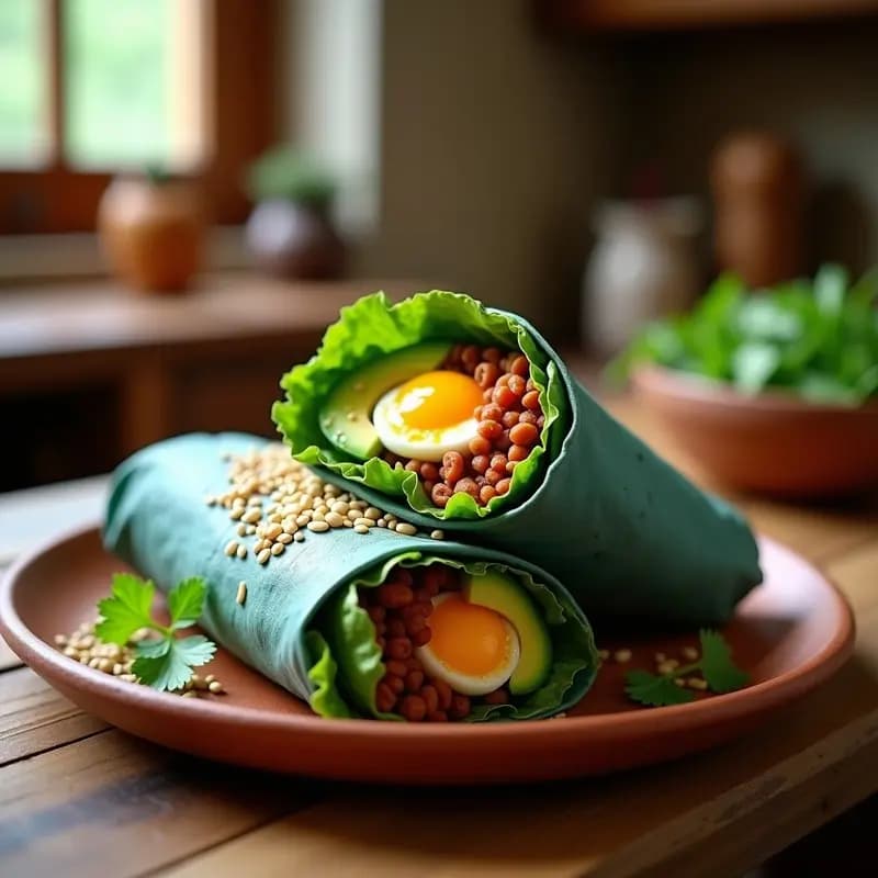 Burrito de desayuno mexicano sin gluten abierto, relleno de chorizo vegano de lentejas y remolacha, aguacate en láminas, lechuga romana, pico de gallo y semillas de sésamo, sobre un plato de barro con fondo rústico.