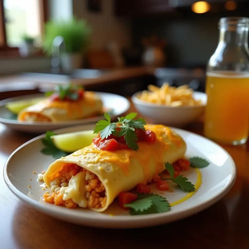 Burrito de desayuno abierto mostrando en su interior hash browns dorados y crujientes, huevos fritos con yema líquida, queso cheddar y mozzarella fundidos, y salsa hollandaise cremosa. El burrito está ligeramente dorado por fuera y servido en un plato rústico con más salsa por encima.