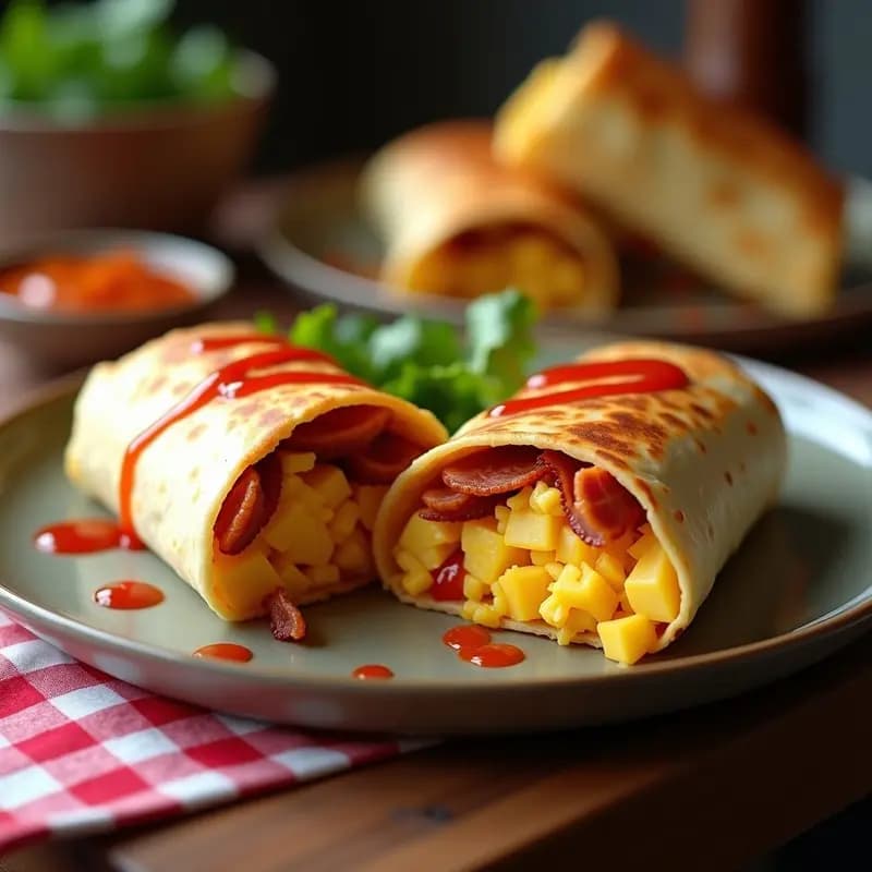 Burrito de desayuno abierto por la mitad, relleno de patatas fritas doradas, huevos revueltos cremosos, bacon crujiente y queso cheddar derretido, con un toque de salsa barbacoa y picante. Plato servido sobre un mantel rústico con más burritos al fondo.