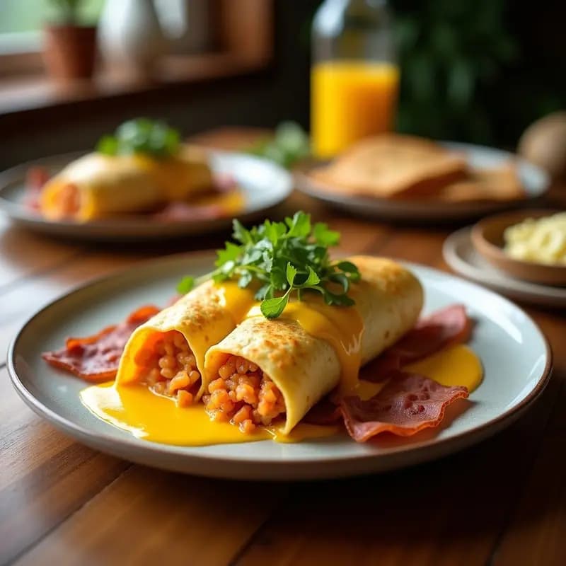 Burrito de desayuno abiertos por la mitad mostrando su relleno de huevos revueltos, bacon crujiente, queso fundido y salsa cremosa de aguacate, servido en un plato rústico con más salsa por encima.