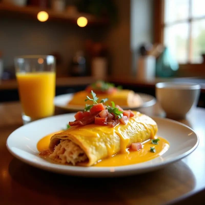 Burrito de desayuno abierto mostrando su relleno de huevos revueltos con queso cheddar derretido, bacon crujiente, patatas doradas, cebolla, pimiento y salsa ranchera, servido en un plato blanco con fondo rústico.