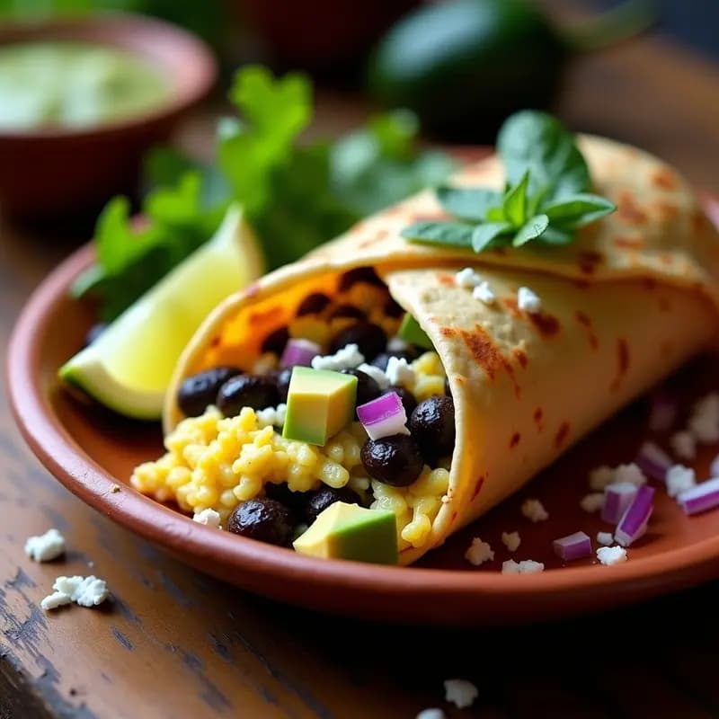 Burrito de desayuno mexicano abierto, mostrando huevos revizados cremosos con cebolla y jitomate, frijoles negros especiados, queso fresco desmenuzado y cilantro fresco, envuelto en tortilla de trigo tostada. Receta rápida de 10 minutos.