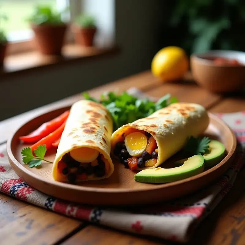 Burrito vegano de desayuno con huevos de lino, relleno de frijoles negros, aguacate, pimientos asados y espinacas, horneado hasta dorar, servido en plato de barro con salsa de cacahuete y chipotle.