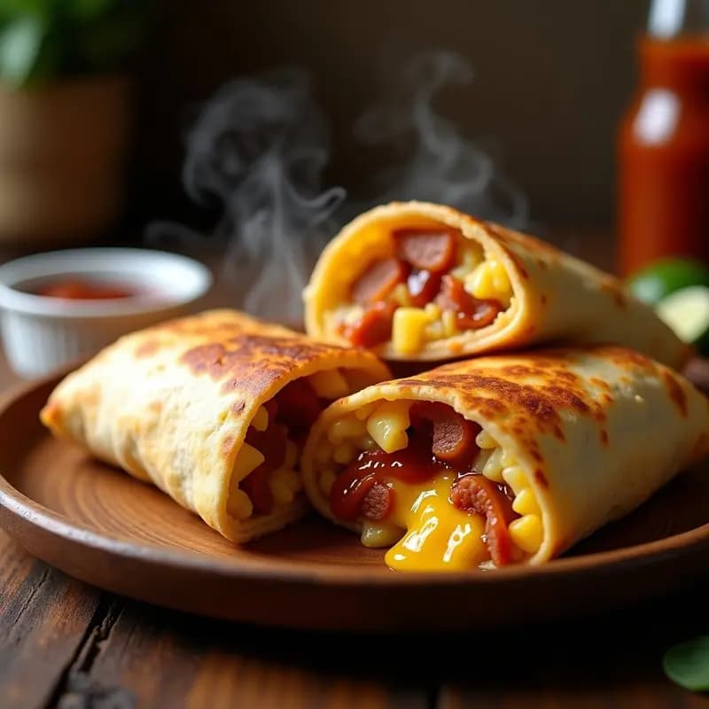 Burrito de desayuno abierto mostrando su interior relleno de tortilla de patata dorada, trozos de chorizo, queso fundido derretido y salsa barbacoa brillante, sobre un plato rústico de madera con más salsa barbacoa al lado.