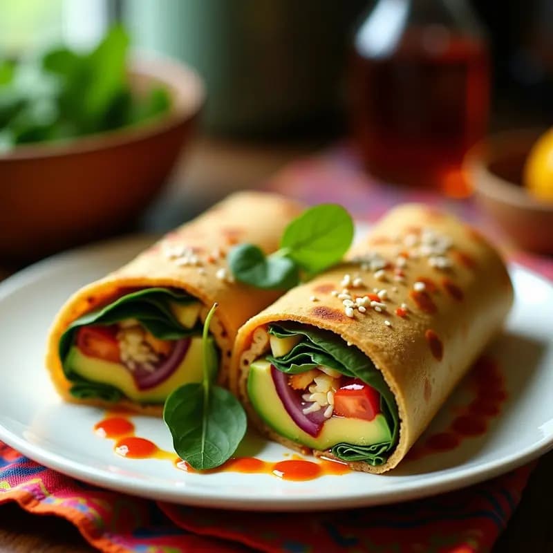 Burrito vegano abierto por la mitad mostrando capas de tortilla de garbanzo dorada, aguacate cremoso, espinacas frescas, tomate cherry y cebolla morada, con semillas de sésamo espolvoreadas. Receta mexicana de desayuno alta en proteína.