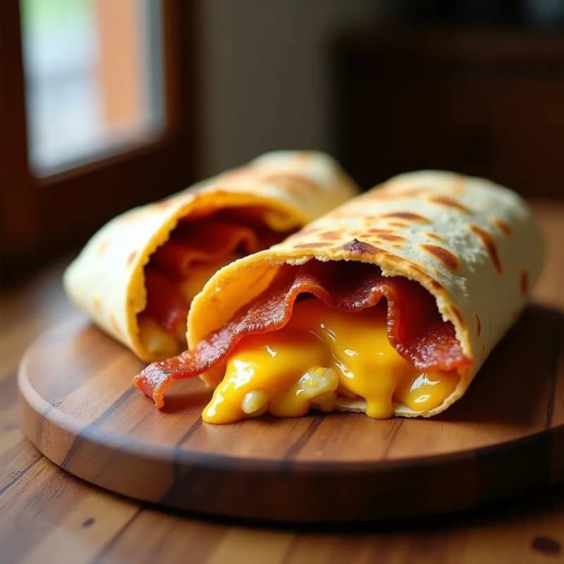 Burrito de desayuno abierto por la mitad, mostrando en su interior tortilla de patata dorada, bacon crujiente, queso cheddar fundido y salsa barbacoa, envuelto en tortilla de trigo grande. Plato servido sobre tabla de madera rústica con fondo desenfocado.