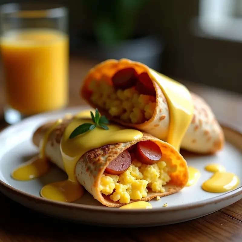 Burrito de desayuno abierto mostrando su relleno de tortilla de patata con huevos revueltos y salsa hollandaise dorada, servido sobre papel de horno con queso cheddar derretido y perejil fresco.