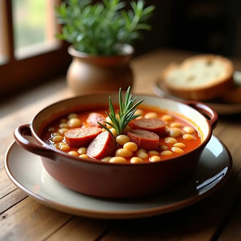 Plato hondo de barro con butifarra amb mongets, guiso catalán de alubias blancas y trozos de butifarra blanca en salsa espesa, decorado con ramita de romero y rebanada de pan rústico al lado.