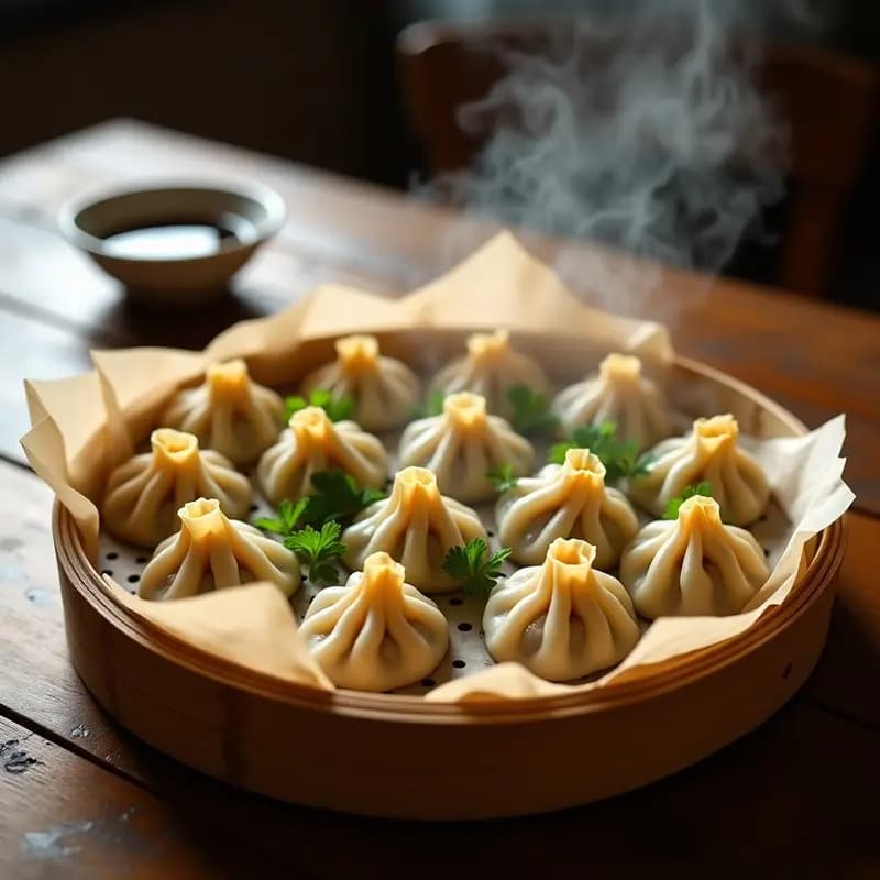Vaporera de bambú con Buuz Mongol de cordero y cebolla al vapor, empanadas con pliegues tradicionales y cilantro fresco en un fondo rústico de madera.