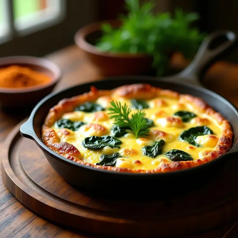 Bwitzela georgiana dorada en sartén antiadherente, con trozos de queso de oveja fundido y espinacas verdes, servida en un plato de barro rústico.