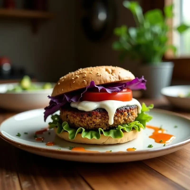 Hamburguesa armena vegana Bymeat de Berenjena y Ajudá con salsa de yogur de soja, servida en pan integral tostado con lechuga y tomate, espolvoreada con semillas de sésamo.