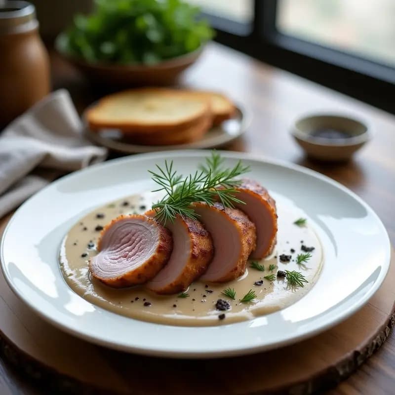 Plato de porcelana blanca con medallones de B장 Bernadotte dorados, bañados en crema de champiñones y trufa negra, decorados con láminas de trufa y un hilo de aceite de trufa blanca, sobre fondo rústico de madera oscura.