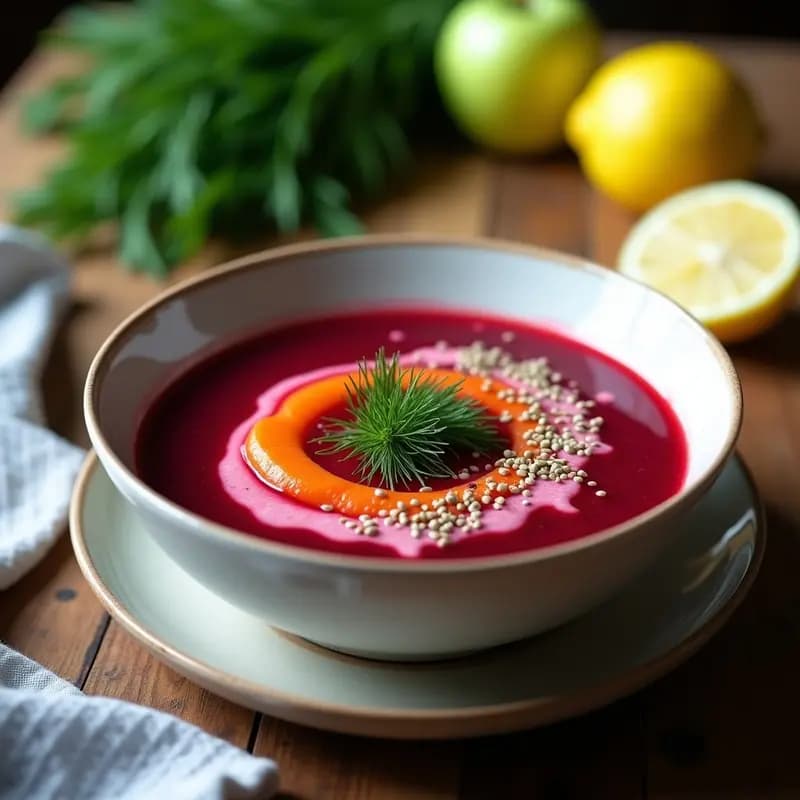 Bczczak de remolacha y zanahoria con rábano picante servido en cuenco blanco sobre fondo rústico de madera, decorado con eneldo fresco y semillas de hinojo. Sopa fría polaca detox de color rojo intenso con toques naranjas, ideal para verano.