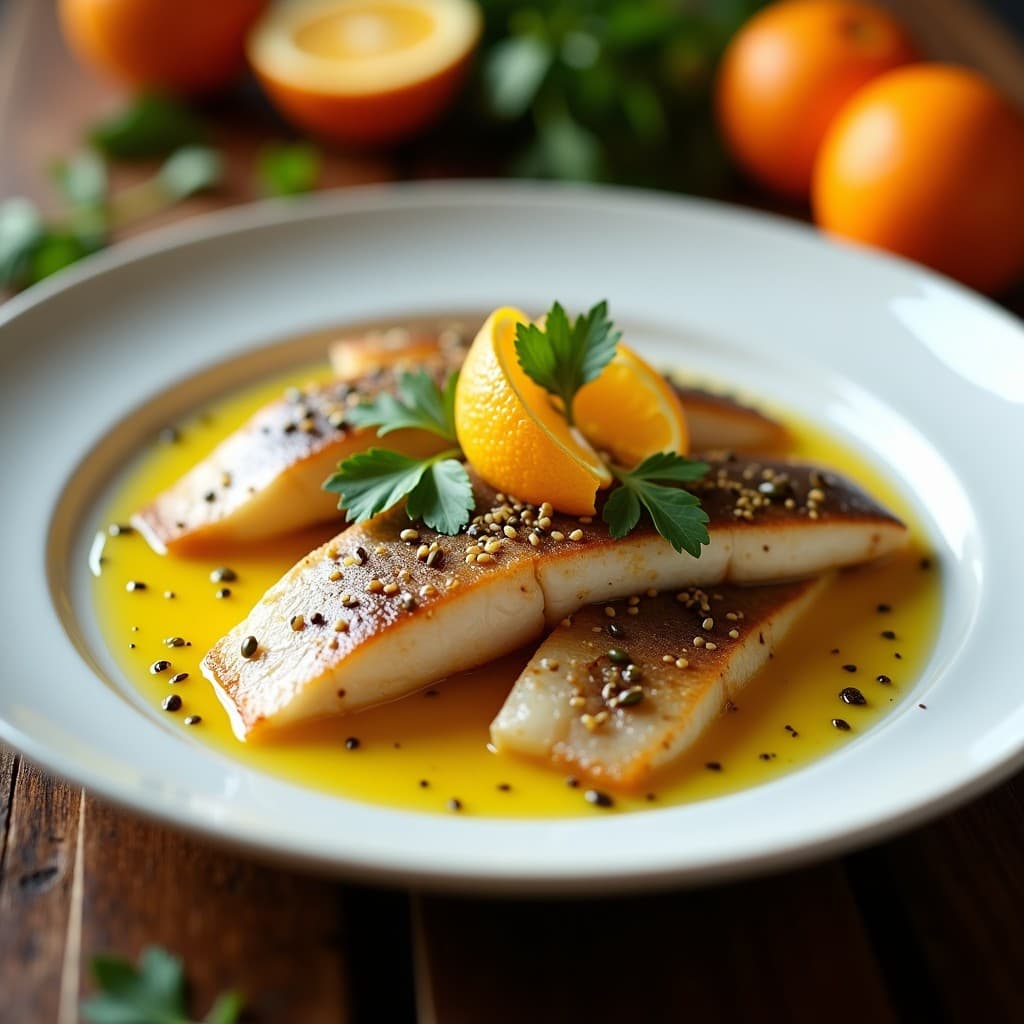 Plato de caballa en escabeche de cítricos y especias en Thermomix, con filetes dorados bañados en un líquido ámbar brillante, decorado con rodajas de naranja sangre y perejil fresco sobre fondo rústico de madera.