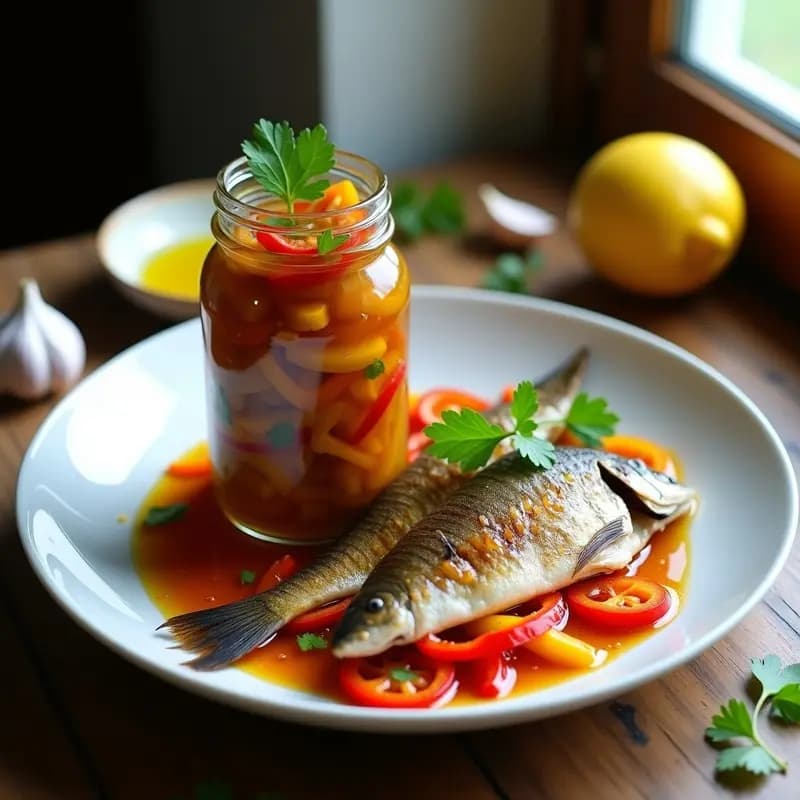 Frasco de vidrio transparente con filetes de caballa a la escabeche, cubiertos de pimientos rojos y amarillos asados, cebolla morada en juliana y cilantro fresco, sobre fondo rústico de madera con limones y especias alrededor.