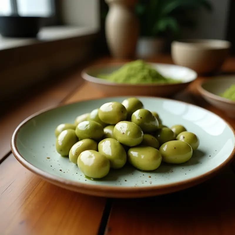 Cacahuates japoneses dorados con glaseado verde esmeralda de matcha y azúcar de coco, servidos en un bol de cerámica negra sobre fondo de madera. Snack crujiente y saludable con toques de coco rallado.