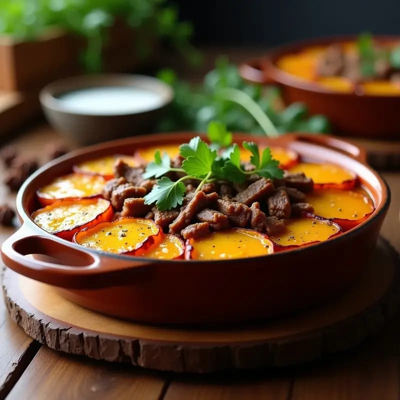 Cacarola de Ñame y carne de res con especias jamaicanas en fuente de horno, capas doradas de ñame y carne jugosa, decorada con hierbas frescas.