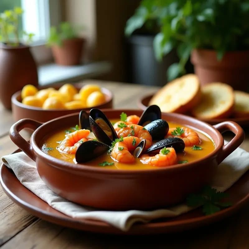 Cazuela de barro humeante con cacerolita de mariscos a la provenzal, mejillones abiertos, gambas rosadas y calamares en un caldo dorado con azafrán, decorada con perejil fresco y rebanadas de baguette tostado al lado.
