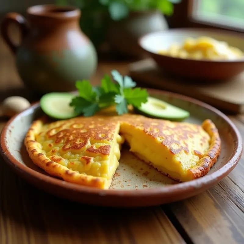 Cachapa venezolana dorada y esponjosa rellena de queso de anacardos cremoso, servida en un plato de barro con hojas de cilantro fresco y rodajas de aguacate. Desayuno sin lácteos, vegano y lleno de color.